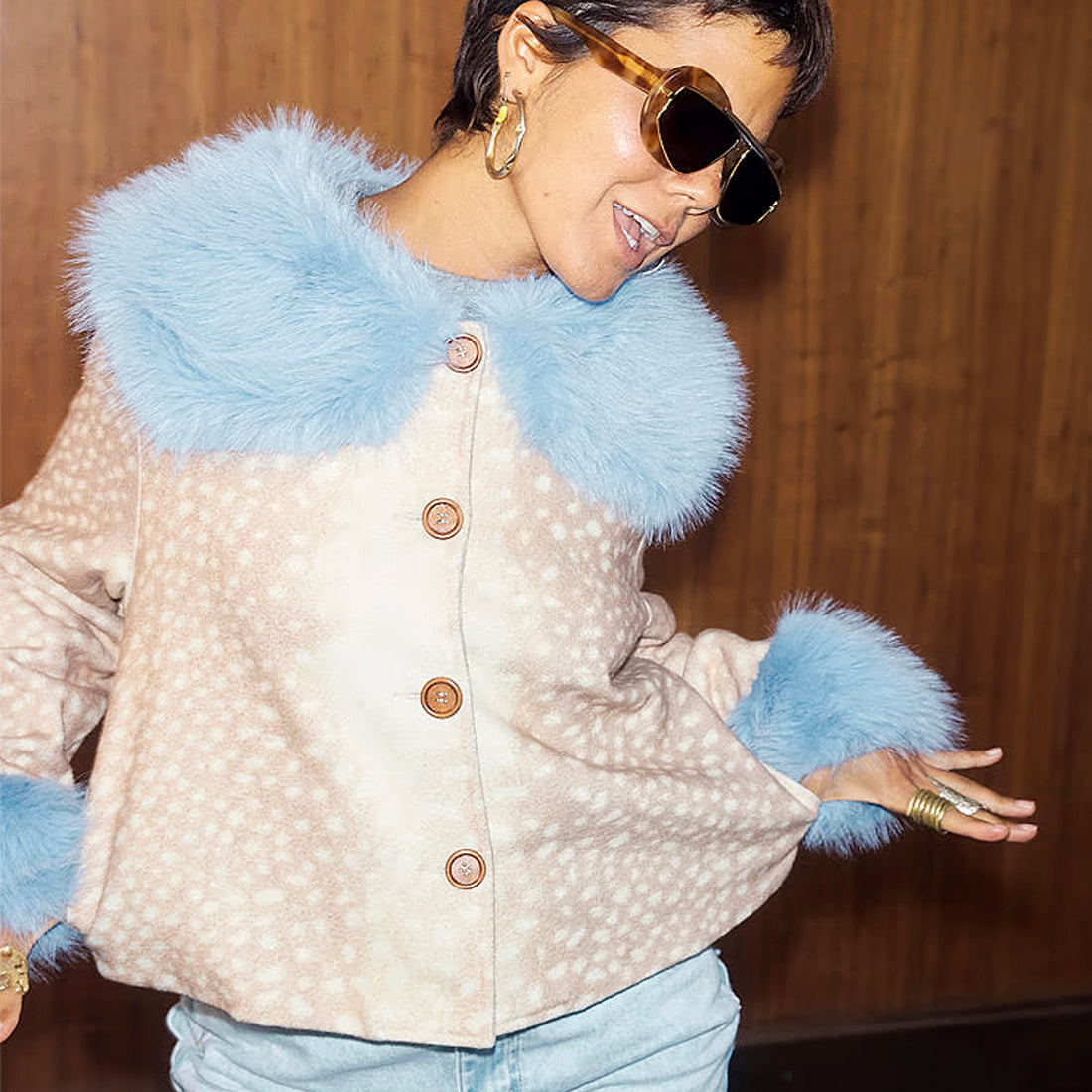 Deer Print Jacket With Blue Fur Trims - Beige