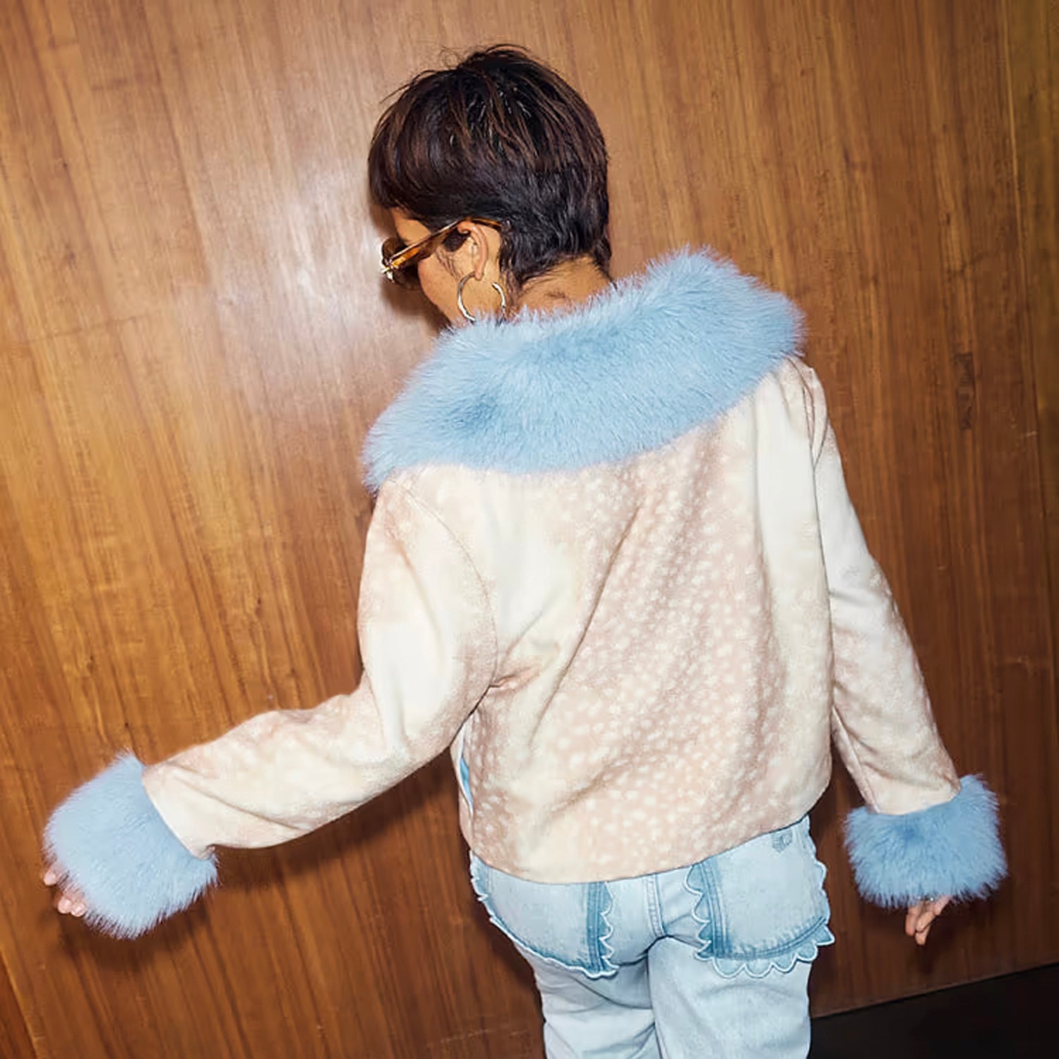 Deer Print Jacket With Blue Fur Trims - Beige