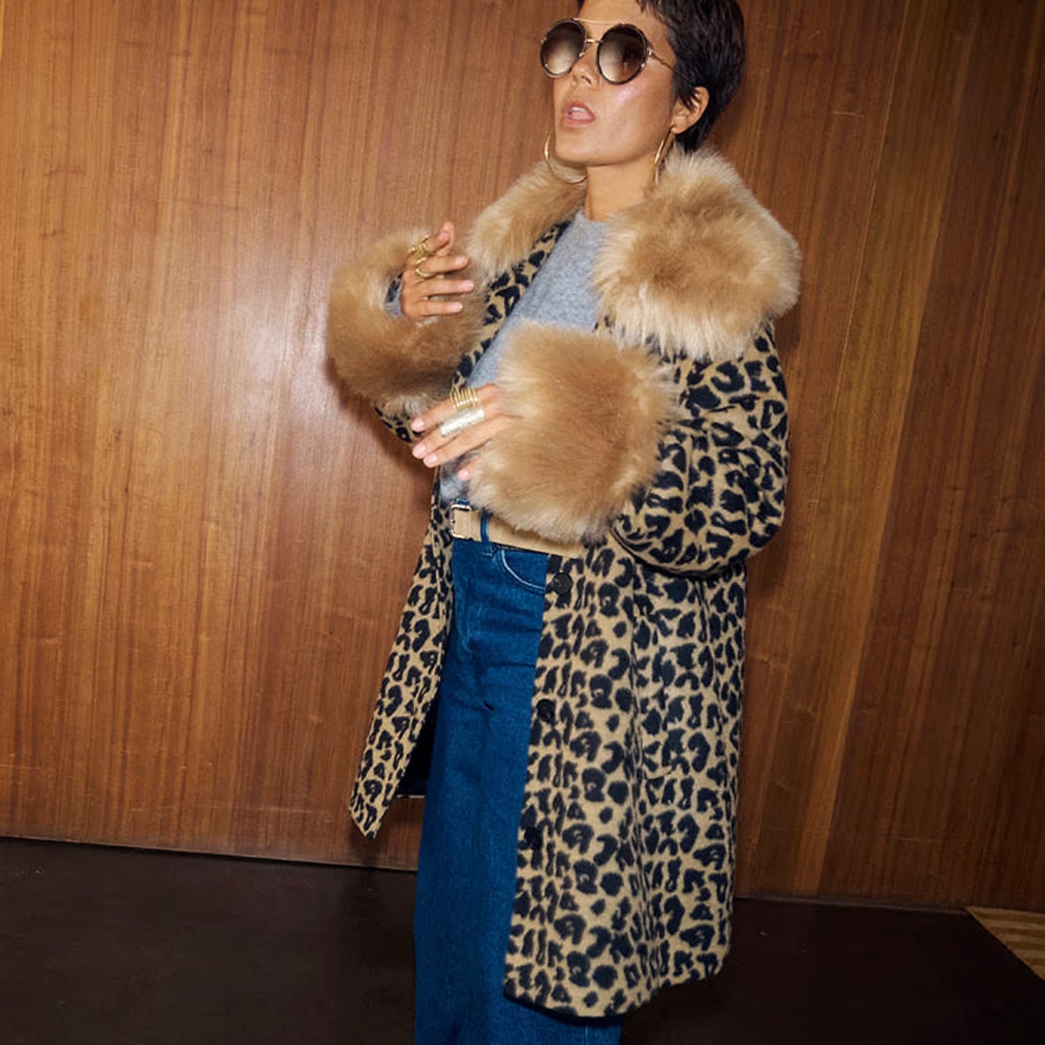 Leopard Coat With Fur Trims - Brown