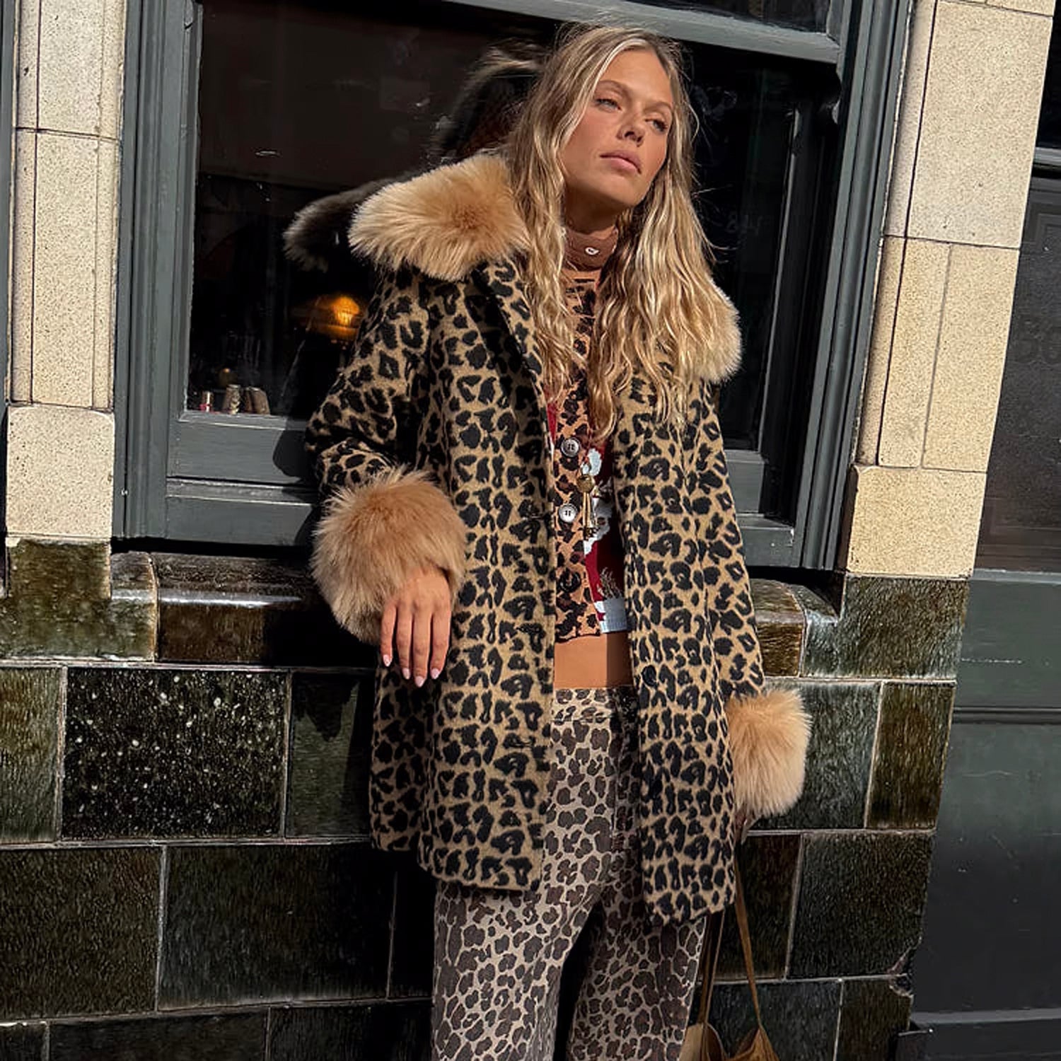 Leopard Coat With Fur Trims - Brown