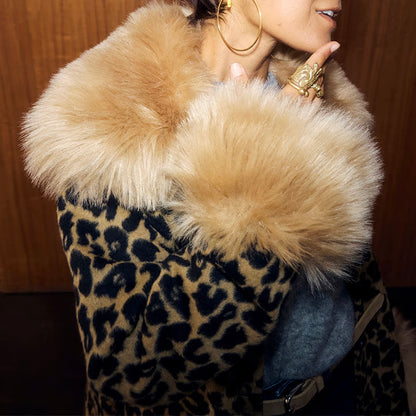 Leopard Coat With Fur Trims - Brown