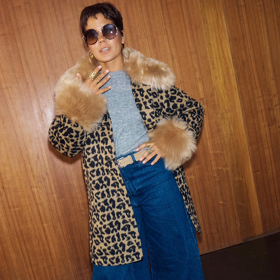 Leopard Coat With Fur Trims - Brown