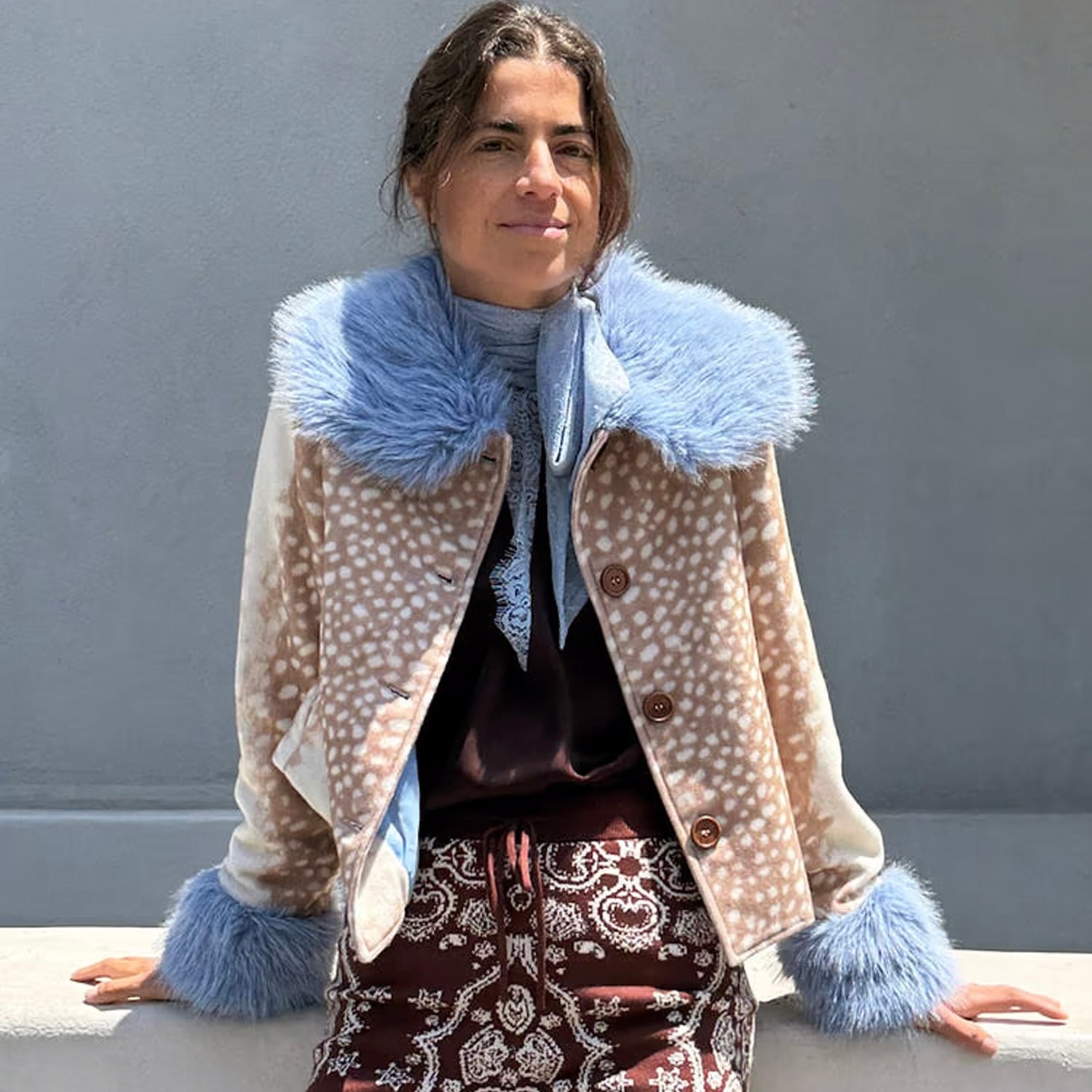 Deer Print Jacket With Blue Fur Trims - Beige