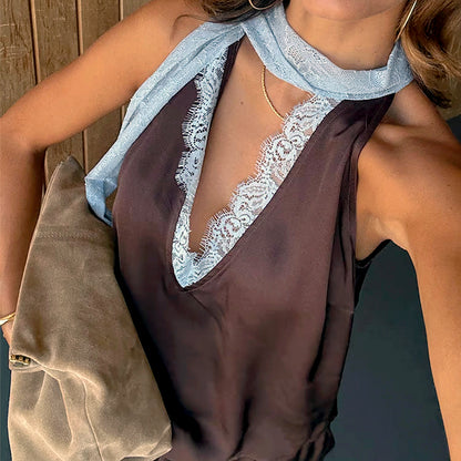 Chocolate Blue Lace Top - Chocolate