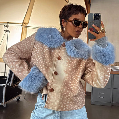 Deer Print Jacket With Blue Fur Trims - Beige