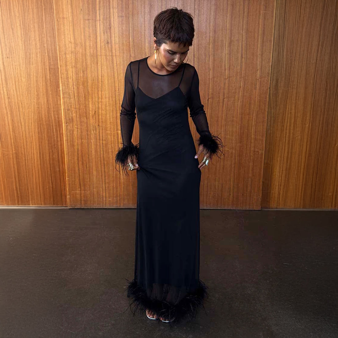 Black Mesh Feather Trim Dress - Black